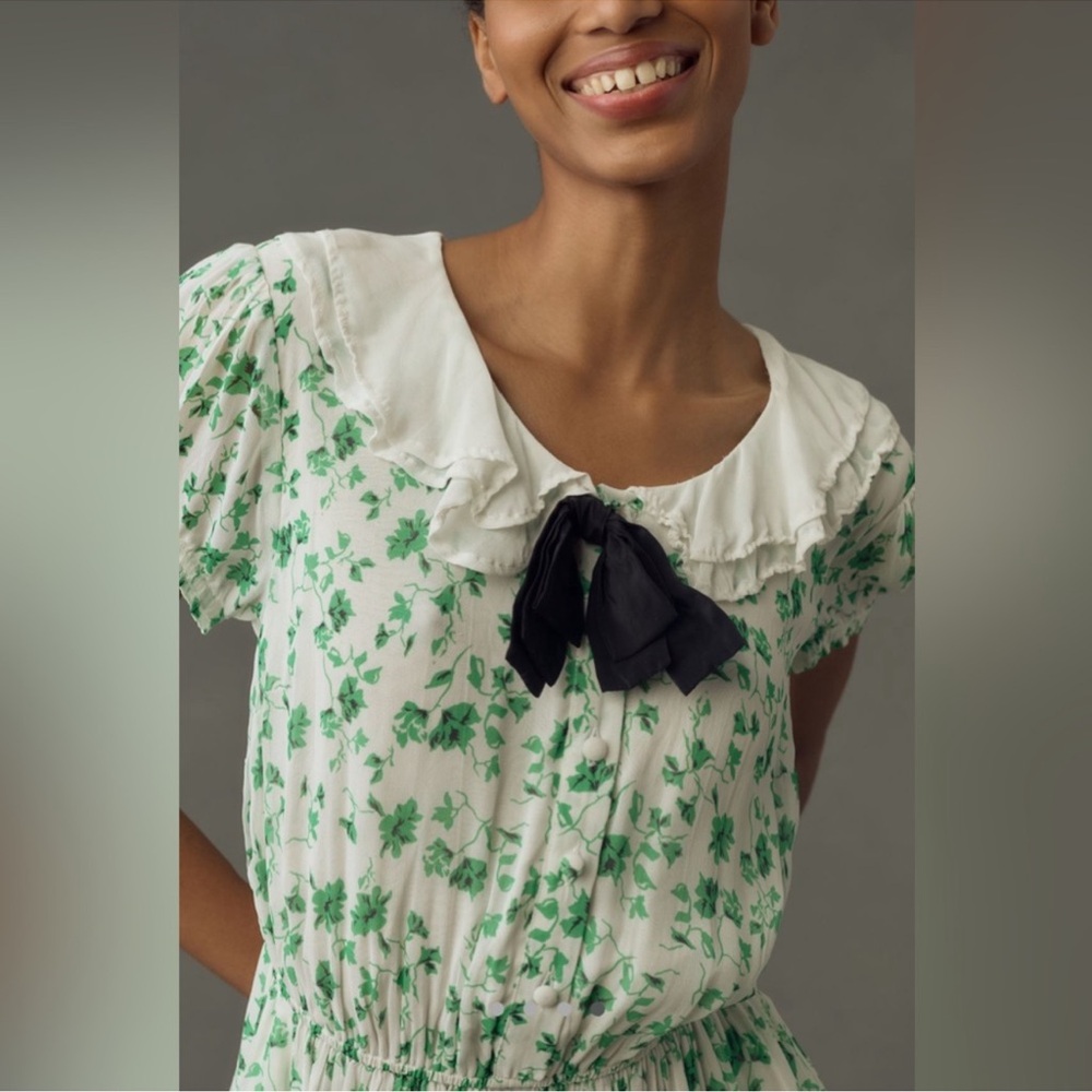 NWT Maeve/anthropologie mini dress with collar, green & white print, size small - Picture 4 of 8